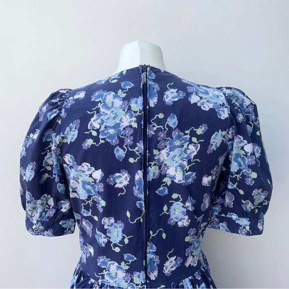 Vintage Laura Ashley UK 14 Cotton Tea Dress Blue Floral Puff Sleeve Square Neck - Picture 7 of 12